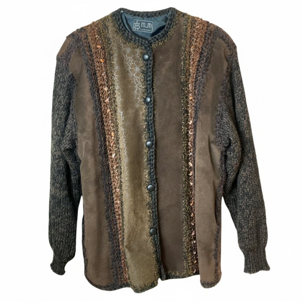 Rare Suede Mixed Knit Jacket Medium MM Couture Canadian Artisan Y2K Brown Boho